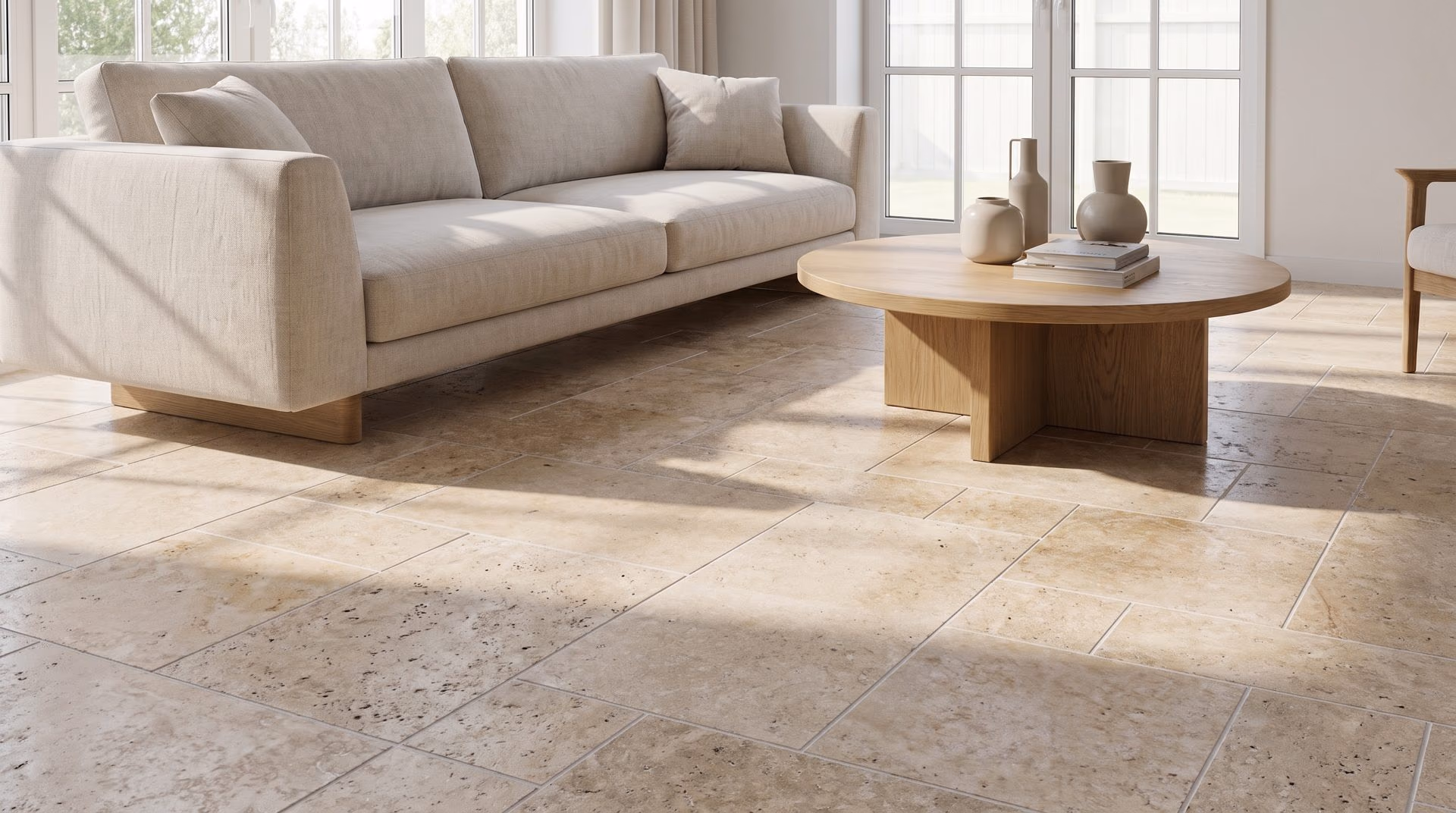 Classic travertine tile floor in a living room