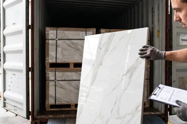 Quality inspector examines a large-format marble-look porcelain tile at the open doors of a shipping container loaded with palletized tile.