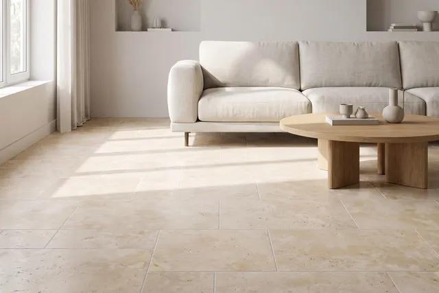 Light ivory travertine floor in a bright living space.