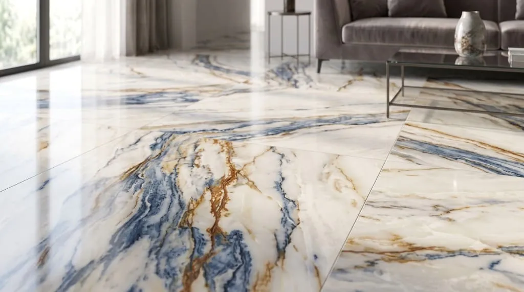 Polished large-format marble-look porcelain floor with blue, charcoal, and gold veining in a contemporary living room.