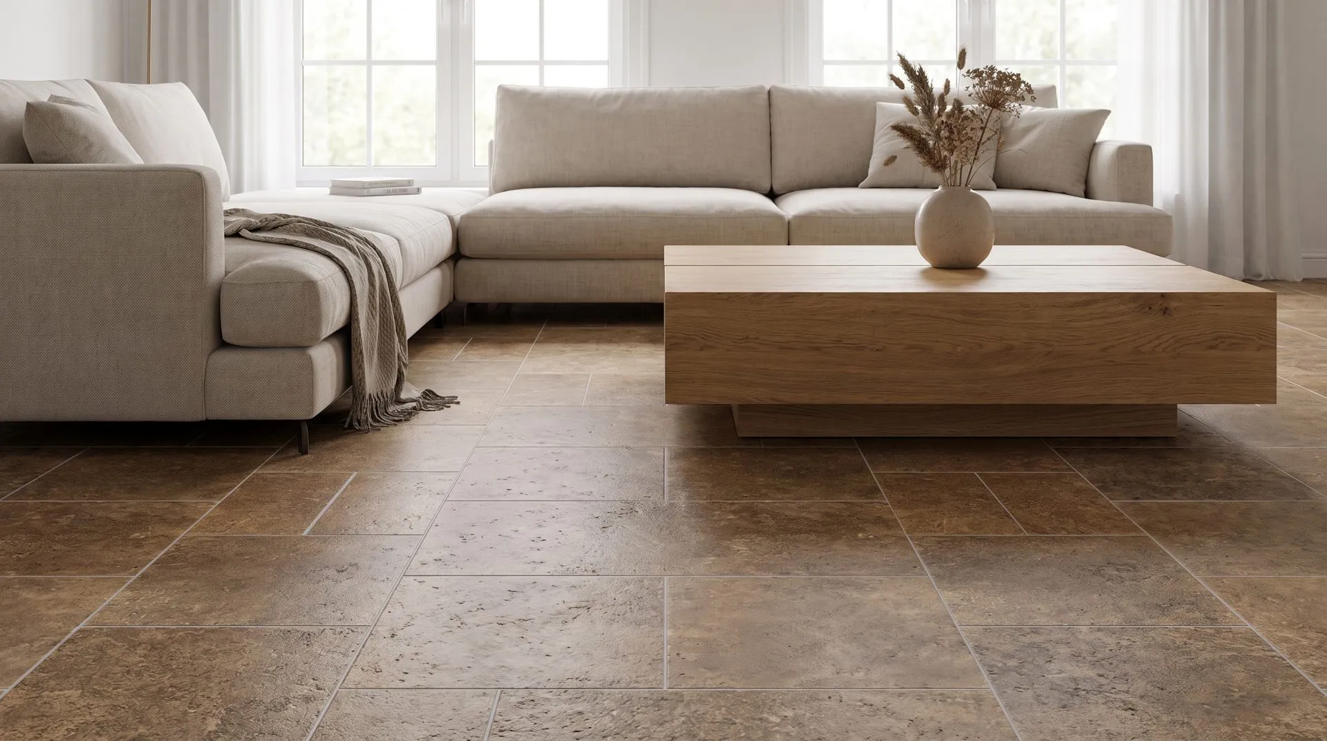 Noche travertine — Living space scene