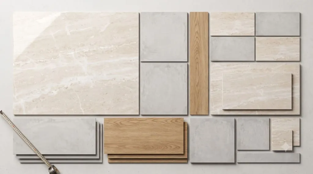A variety of porcelain tile samples in different sizes and finishes, including marble-look, concrete-look, and wood-look planks, with a measuring tape.