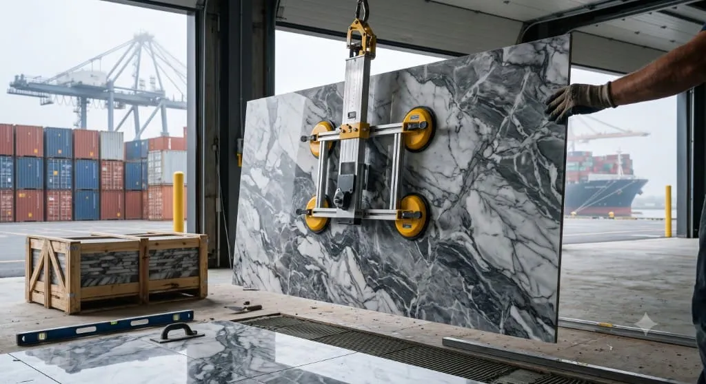 Large-format marble-look porcelain slab handled with a vacuum lifter at a port warehouse, with shipping containers and a cargo ship beyond.