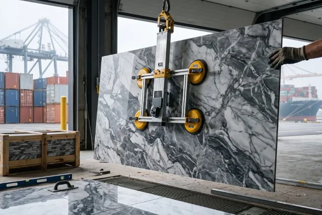 Large-format marble-look porcelain slab handled with a vacuum lifter at a port warehouse, with shipping containers and a cargo ship beyond.