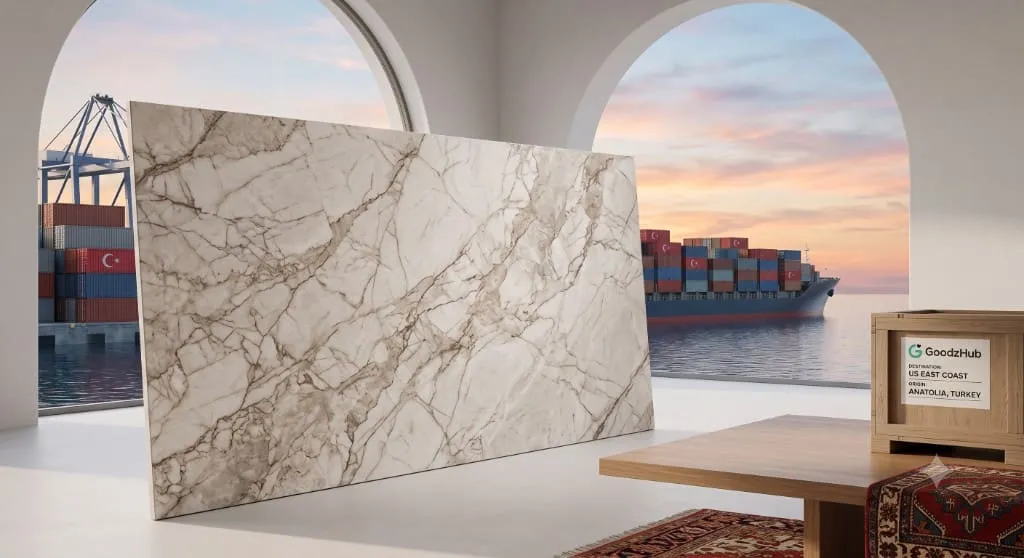 Marble-look porcelain slab in a bright interior overlooking a Turkish port and cargo ship, with a GoodzHub crate labeled Anatolia to US East Coast.
